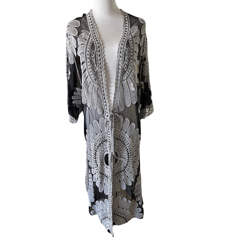 Asha Black White Embroidered Sheer Mesh Duster Kimono Longline Cardigan Tie O/S